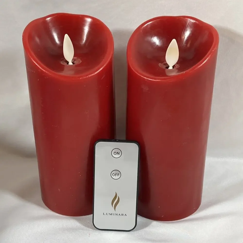 Lot of 2 Luminara Real Flameless Candles Pillar Red Pair Remote Wax Candle